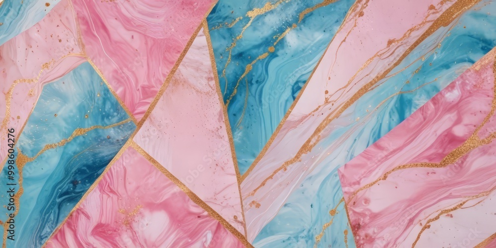 Fototapete a vibrant abstract pattern composed of overlapping triangular shapes in pink, blue, and gold, creating a dynamic and visually striking composition