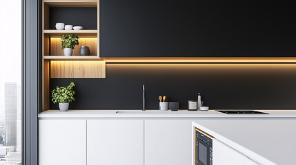 A minimalist kitchen with a matte black backsplash, white countertops, and open shelving. The monochrome palette creates a clean, stylish look with minimal decor