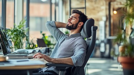 Fototapeta premium Relaxed Worker Stretching at Office Desk