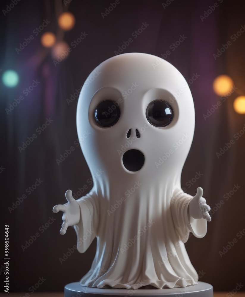 Poster a white, ghostly figure with large black eyes and an open mouth, set against a dark background with 