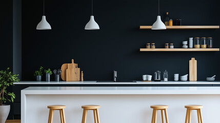 A minimalist kitchen with a matte black backsplash, white countertops, and open shelving. The monochrome palette creates a clean, stylish look with minimal decor
