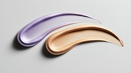 Naklejka premium A streak of liquid metallic eyeshadow swatches in gold, violet, and platinum, with a sleek, reflective texture that catches the light.