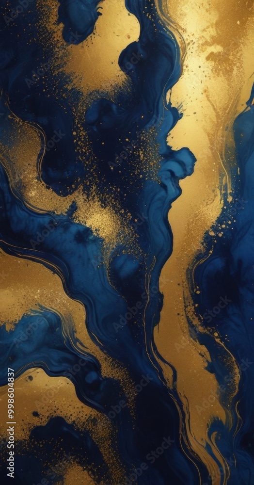 Leinwandbilder a striking abstract pattern with swirling blue and gold hues, creating a sense of movement and dynamism The gold elements stand out against the dark blue background, adding