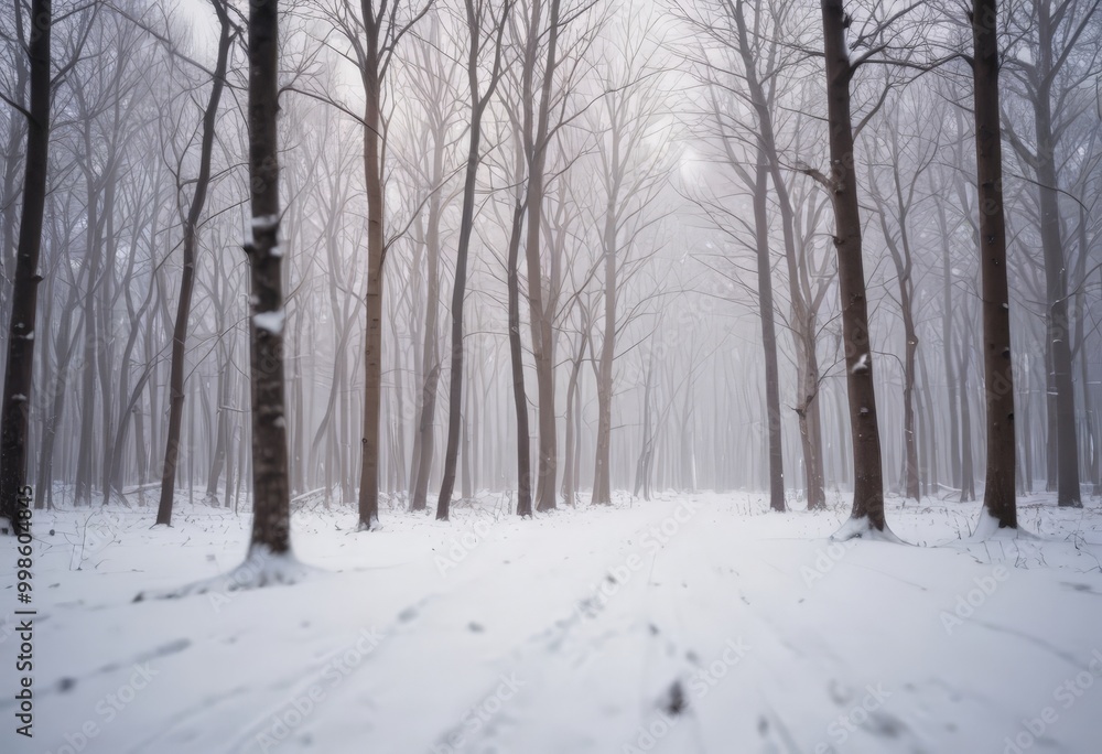 Poster A snowy forest path winds through the bare trees, creating a serene and tranquil atmosphere