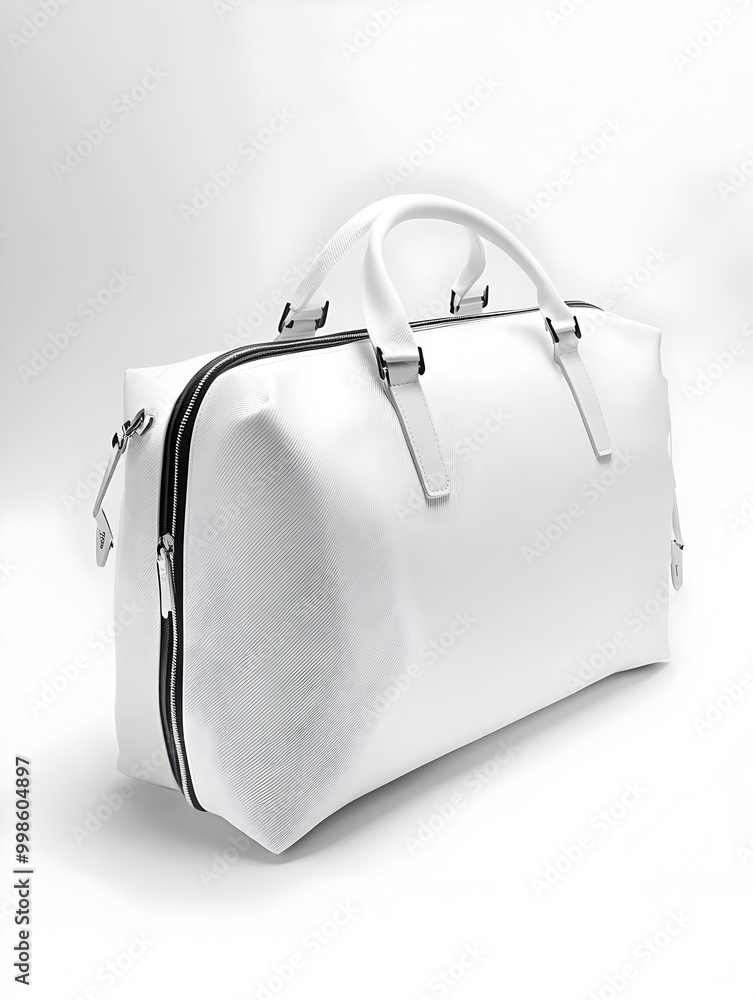 Poster sleek and practical compact travel bag with sophisticated polyester shell on minimalist white backgr
