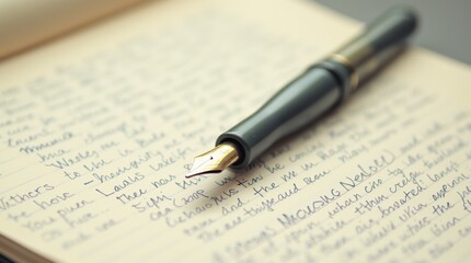 Fototapeta premium Fountain pen resting on handwritten journal page with text