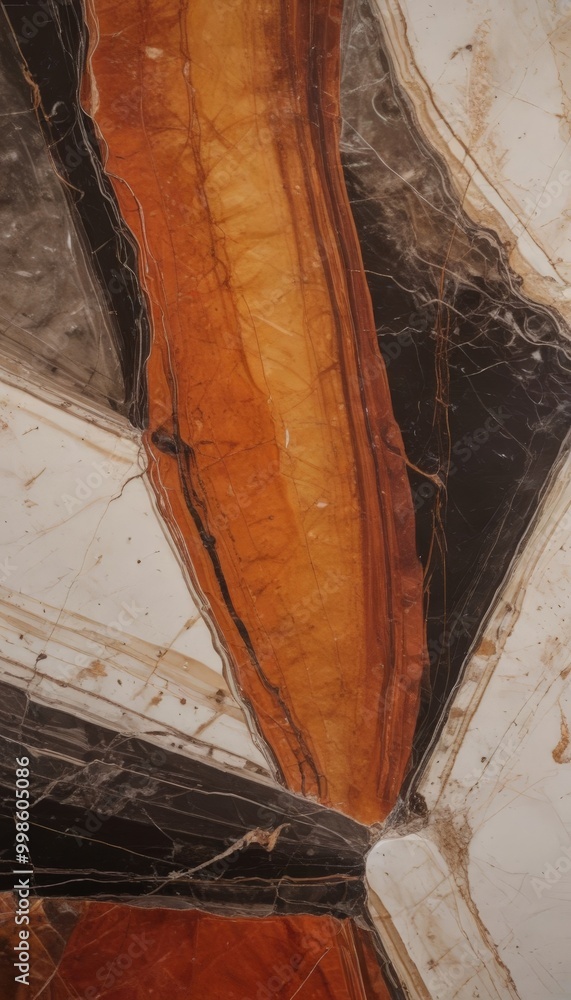 Poster a close-up view marble surface with a striking pattern of intersecting lines and swirls in various shades of orange, brown, and black