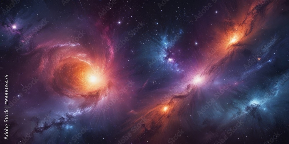 Poster a vibrant cosmic scene, featuring a swirling cloud of gas and dust with a bright, fiery center, surr