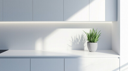 A minimalist kitchen with clean white countertops and a single small potted plant. The kitchen features sleek cabinets and ample natural light, emphasizing simplicity and openness