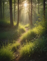 Fototapeta premium A serene forest path bathed in sunlight, with tall trees and lush greenery surrounding a winding trail