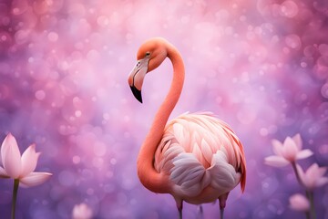 Fototapeta premium A flamingo with delicate pink lotus flowers on its back standing in front of a soft pink, Ai Generated