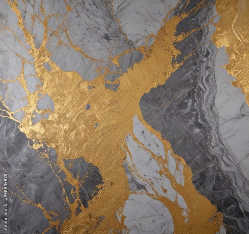 Poster a close-up view marble surface with a striking pattern of gold and gray marble The gold marble is in the form flowing, organic shape that contrasts with the