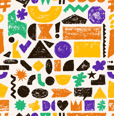 Seamless pattern crayon drawn geometric basic shapes, quirky figures. Sketch pencil or chalk texture, figures square, triangle, rectangle, circle, crown. Template seamless pattern vector kids style.