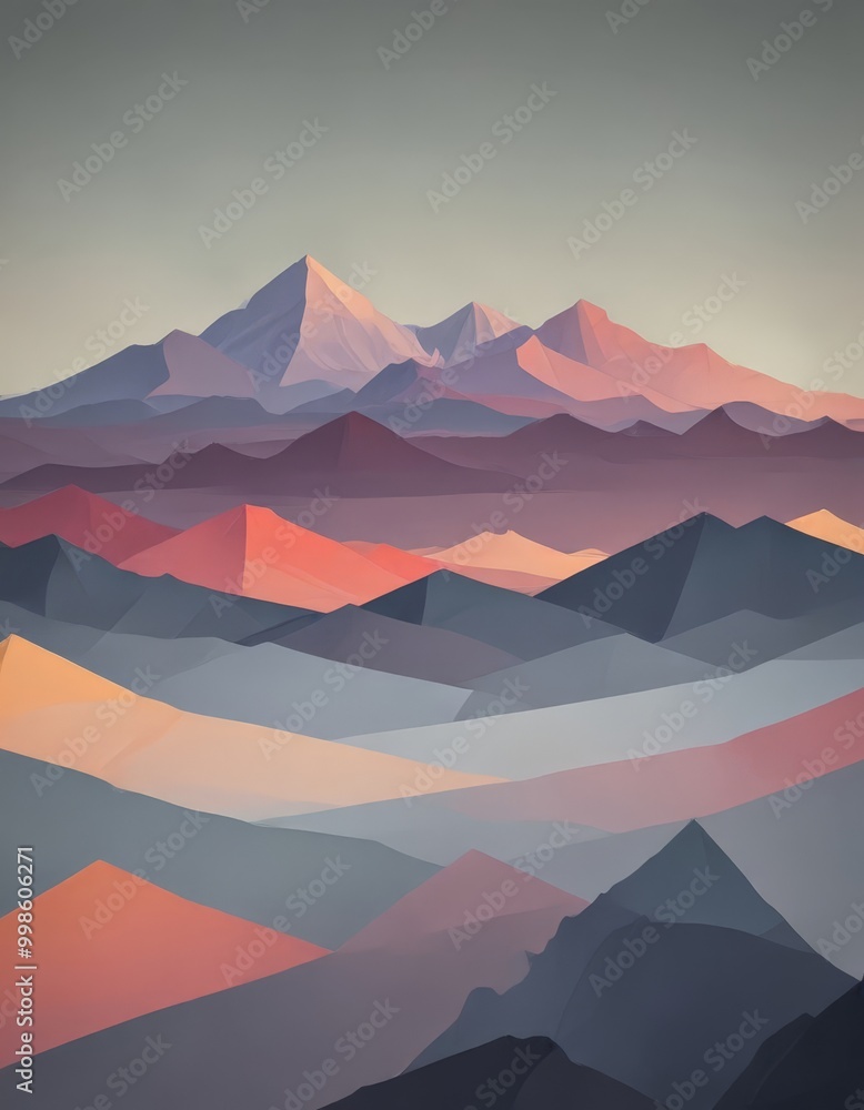 Poster a serene mountain landscape with a gradient of colors, featuring a prominent mountain peak in the center and a range of smaller mountains in the background