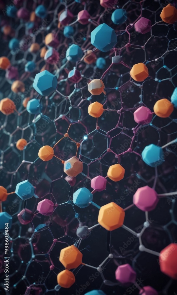 Poster a digital illustration complex molecular structure, featuring a variety of colored atoms and bonds a