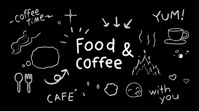 Cute Food and coffee doodle icons, wiggle animation stickers: caf&eacute;, arrows, steam, smoke, fire, heart, spoon fork, boiling effect, pop, sparkle, yum, rough pencil crayon on a transparent background