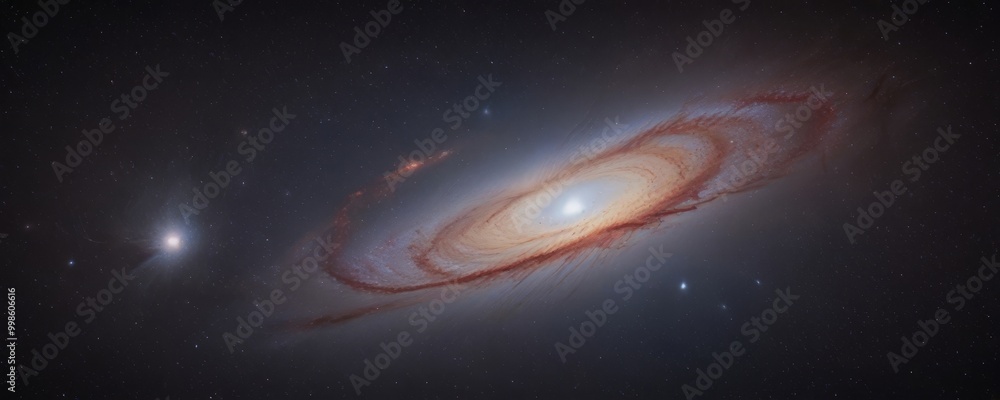 Poster a spiral galaxy with a bright central core surrounded by a swirling pattern of red and orange hues, 