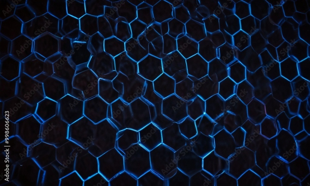 Fototapete a close-up view dark blue hexagonal pattern, with the edges of the hexagons glowing in a blue light