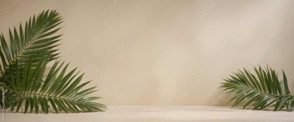 Aufkleber two large palm leaves are positioned diagonally across a beige wall, creating a sense of balance and