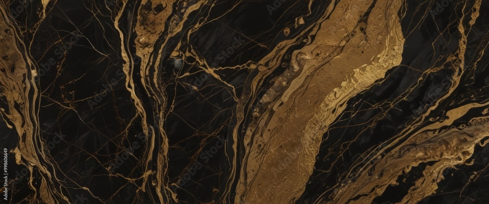 Aufkleber a close-up view marble surface with a striking pattern of black and gold swirls and lines
