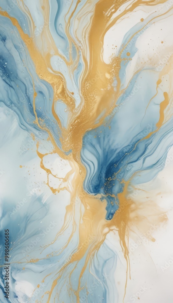Poster an abstract painting with swirling patterns of blue and gold colors, creating a sense of movement and dynamism