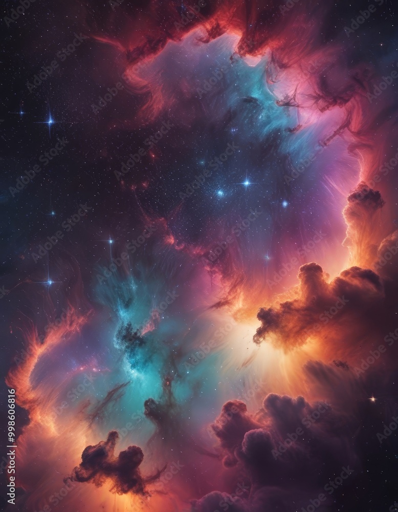 Poster a vibrant, colorful nebula with swirling clouds of gas and dust illuminated by bright stars, creatin