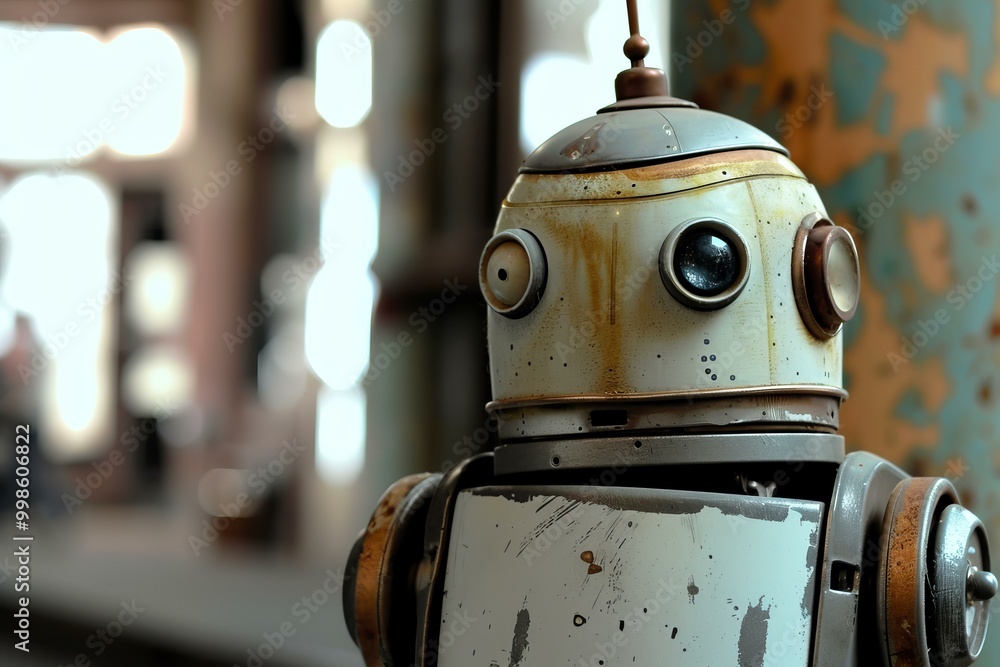 Poster close up of an old rusty robot with big eyes looking away from the camera
