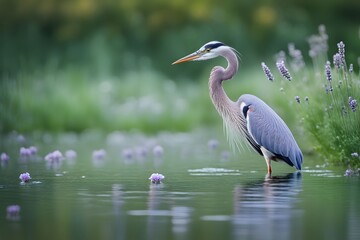 A heron with lavender and white flowers on its back wading in a lake with a soft green bokeh, Ai Generated
