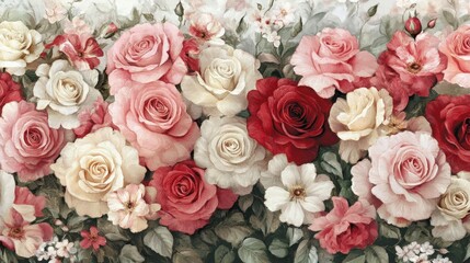 Classic pink, red, and white roses floral border. The detailed flower patterns and rich colors create a beautiful and refined background