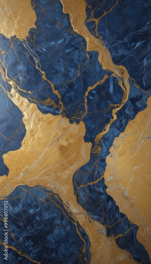 Poster a close-up view marble surface with a striking pattern of blue and gold swirls and lines