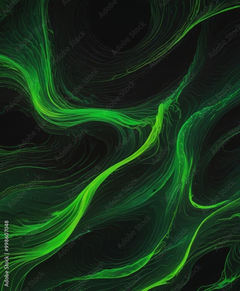 Poster a striking abstract pattern of swirling, green lines and shapes against a black background The lines and shapes are arranged in a way that creates a sense of movement