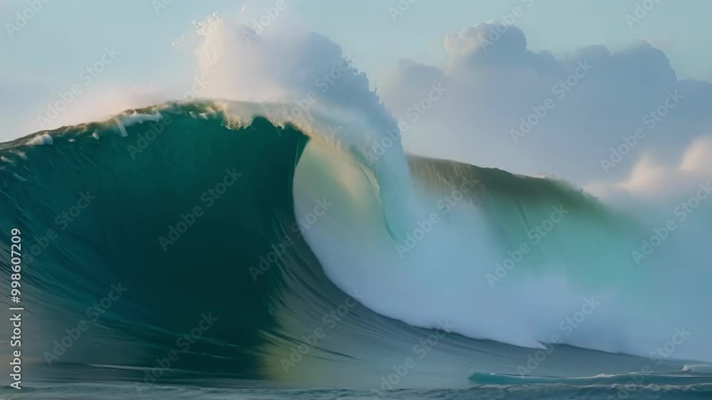 Poster Giant ocean wave is breaking in the sea with a surfer trying to escape on background. The picture was taken during sunset time