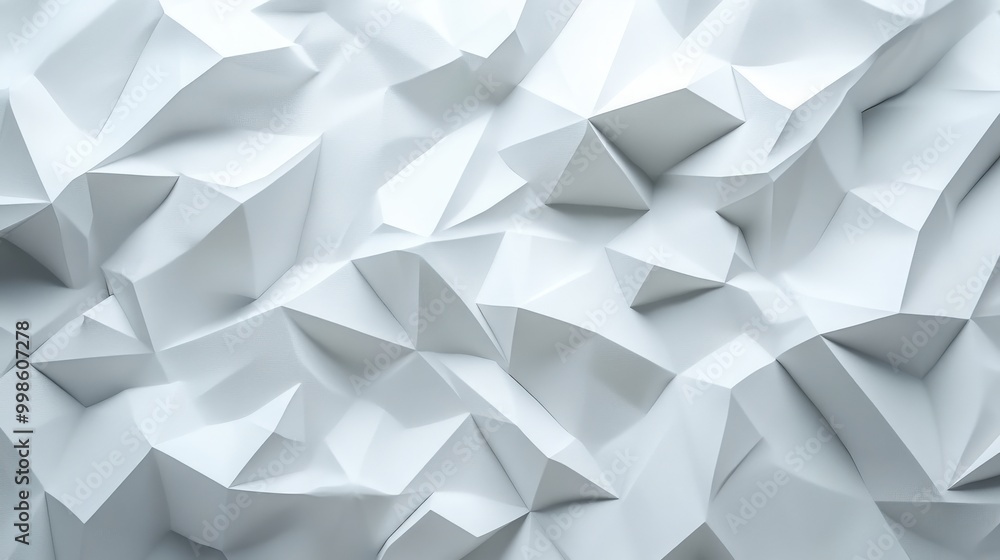 Poster clean and crisp white low poly texture rendered in 3d, showcasing a sophisticated geometric pattern