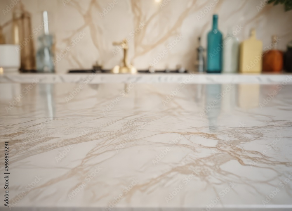 Leinwandbilder A close-up view marble countertop with a blurred background of various bottles and decorative items