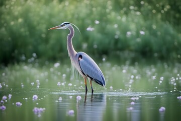 A heron with lavender and white flowers on its back wading in a lake with a soft green bokeh, Ai Generated