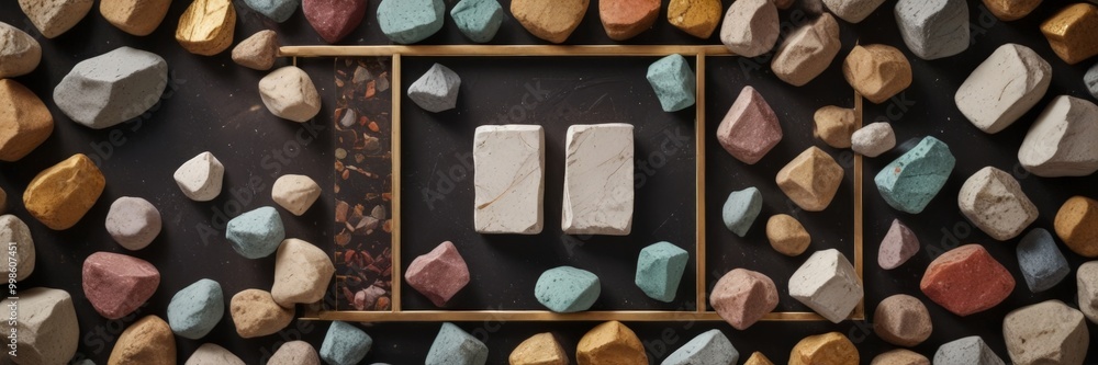 Aufkleber a collection of variously colored rocks and stones arranged in a frame against a dark background