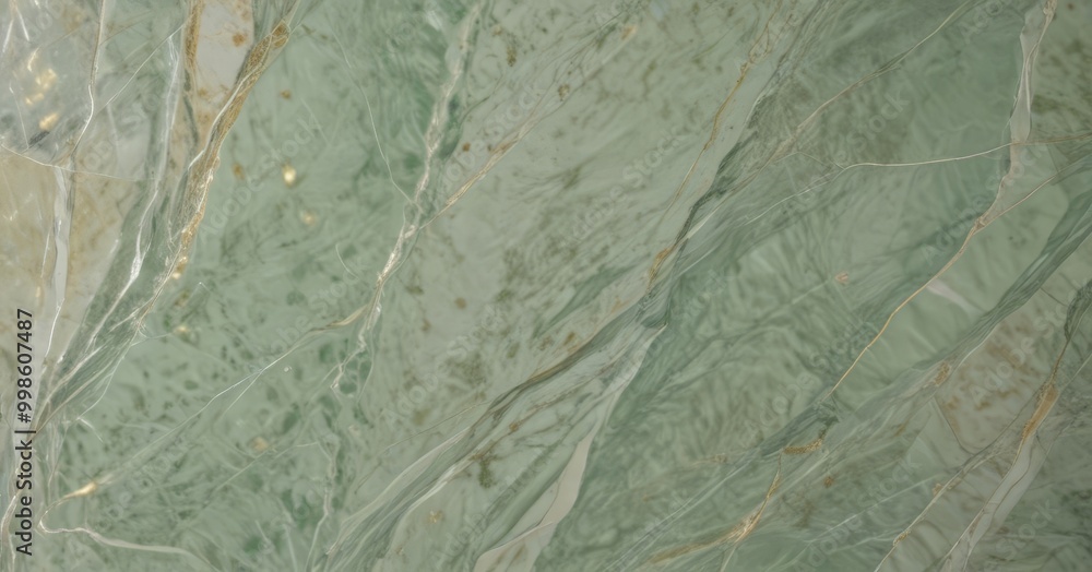 Poster a close-up view marble surface with a greenish-blue hue, featuring a pattern of intersecting lines and small specks of gold