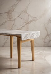 A modern, minimalist table with a marble top and gold legs stands against a marble wall, creating a sleek and elegant interior design
