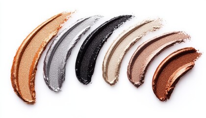 Top-down view of metallic eyeliner swatches, arranged in streaks of silver, copper, and gunmetal with a striking foiled effect.