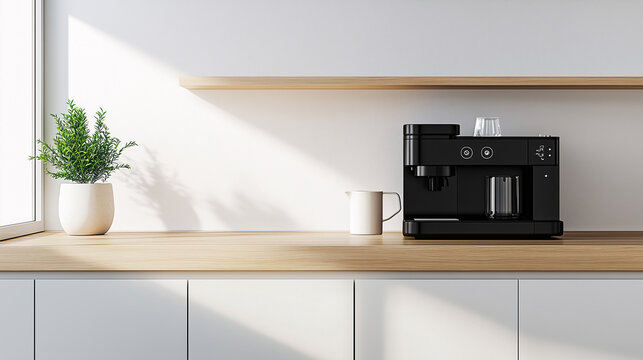 A minimalist kitchen with light wooden countertops and one modern coffee machine placed neatly in the corner. The space is free from clutter, with natural tones creating a calm atmosphere