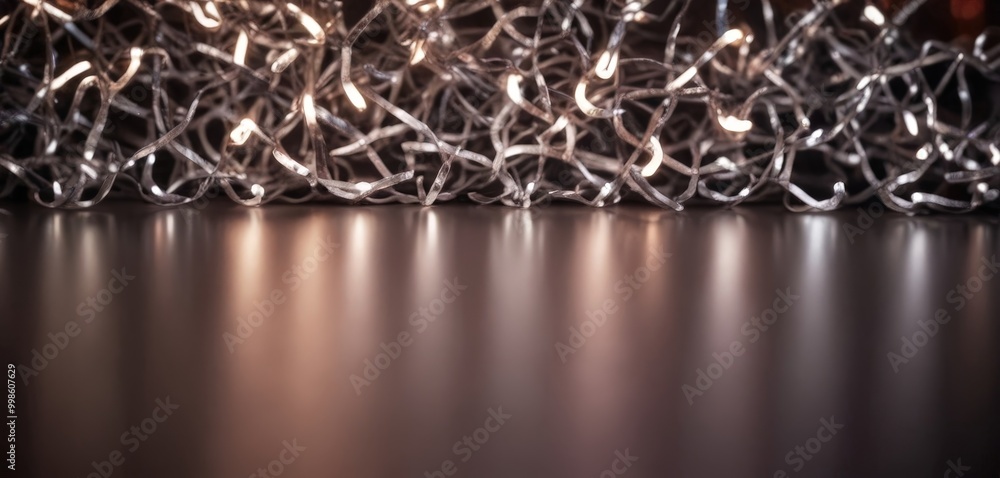 Leinwandbilder A close-up view string of Christmas lights, with the lights arranged in a tangled, chaotic pattern and reflecting on a dark surface