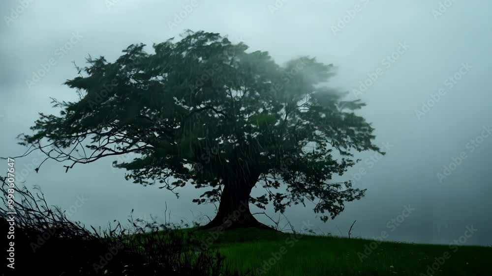 Poster lone tree is standing on a hilltop with its branches being blown about by powerful wind gusts as dar
