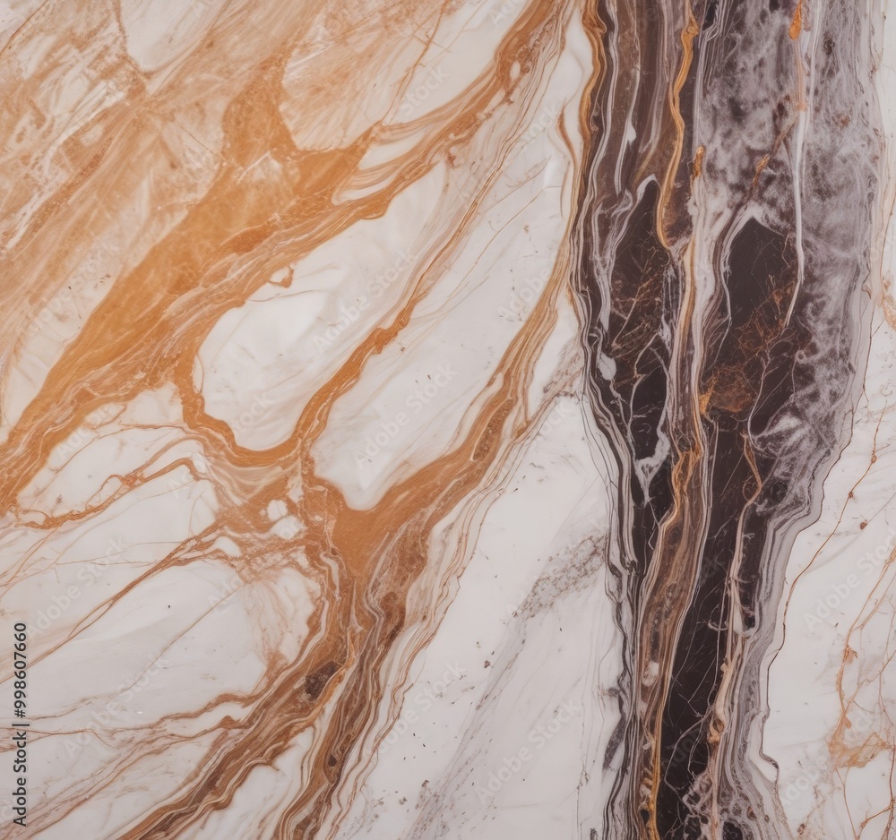 Poster a close-up view marble surface with a striking pattern of swirling lines and swirls in shades of orange, white, and brown