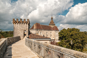 Ramparts of the Chateau on the cliffs above the sacred village of Rocamadour in the Lot region of...