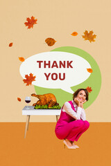 Vertical photo collage of happy girl sit thank you bubble roasted turkey dish wine glass celebration autumn isolated on painted background