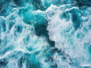 Fototapeta premium aerial view of majestic ocean waves in various shades of blue and turquoise intricate patterns of white foam create a mesmerizing texture across the vast seascape