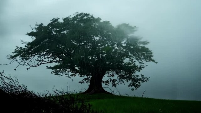 Lone tree is standing on a hilltop with its branches being blown about by powerful wind gusts as dark storm clouds gather in the sky above