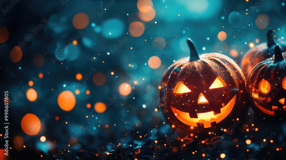 Poster halloween abstract glowing blurred background with close up bokeh and defocused blinking lights