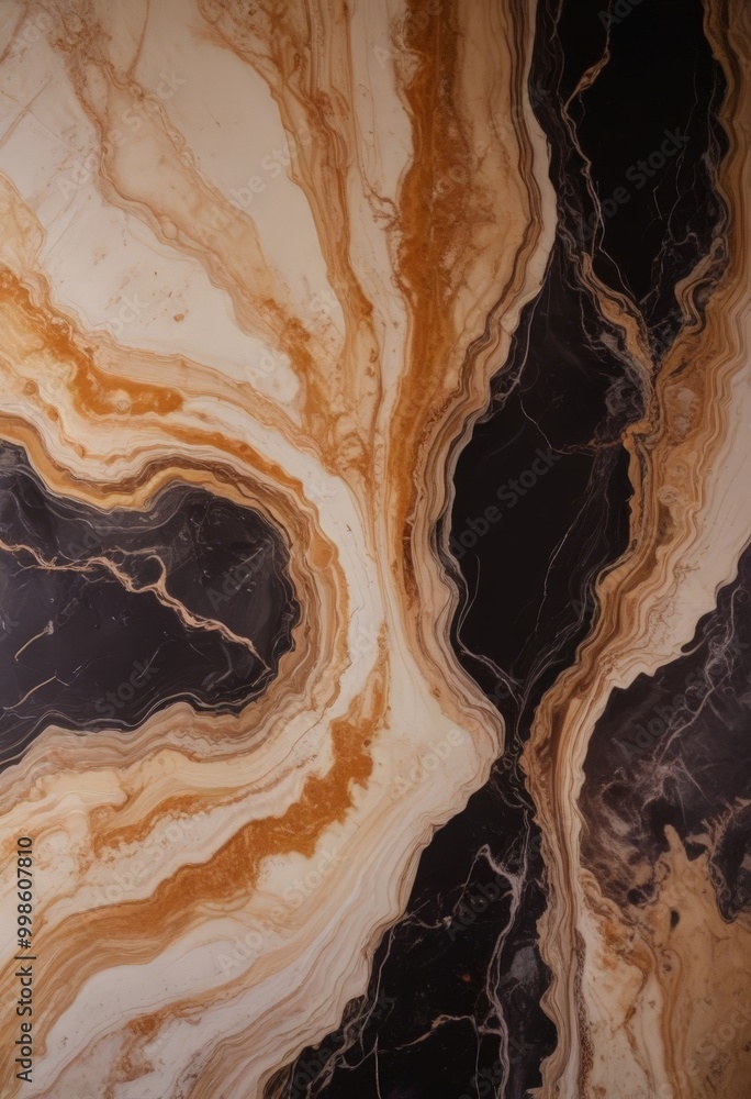 Poster a close-up view marble surface with a striking pattern of swirling lines and swirls in various shades of brown, black, and white