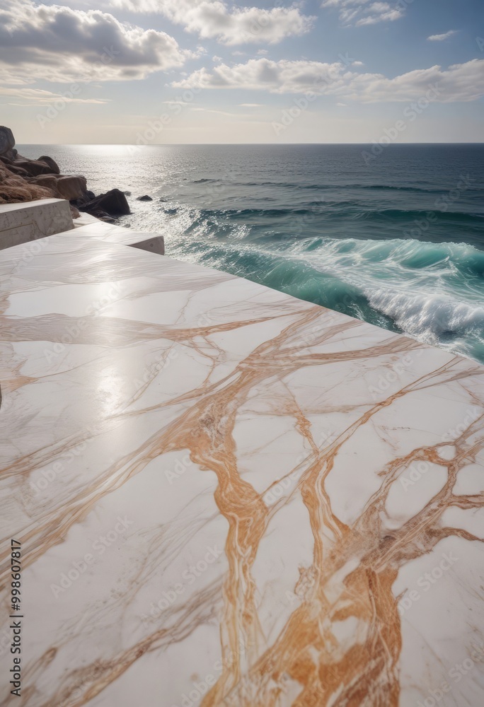 Aufkleber a marble-like surface with a marbled pattern, overlooking the ocean with waves crashing against the 